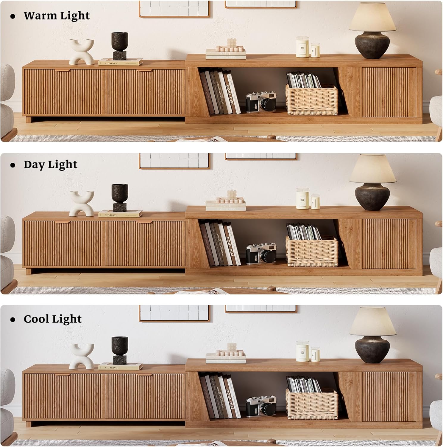 Epecoya 98 Inch Extendable TV Stands for Living Room, Wooden Extra Long TV Stand with Adjustable Shelf and Drawers, Fluted TV Console with Storage Cabinet, Warm Brown Oak (64.57' W-98.43' W)