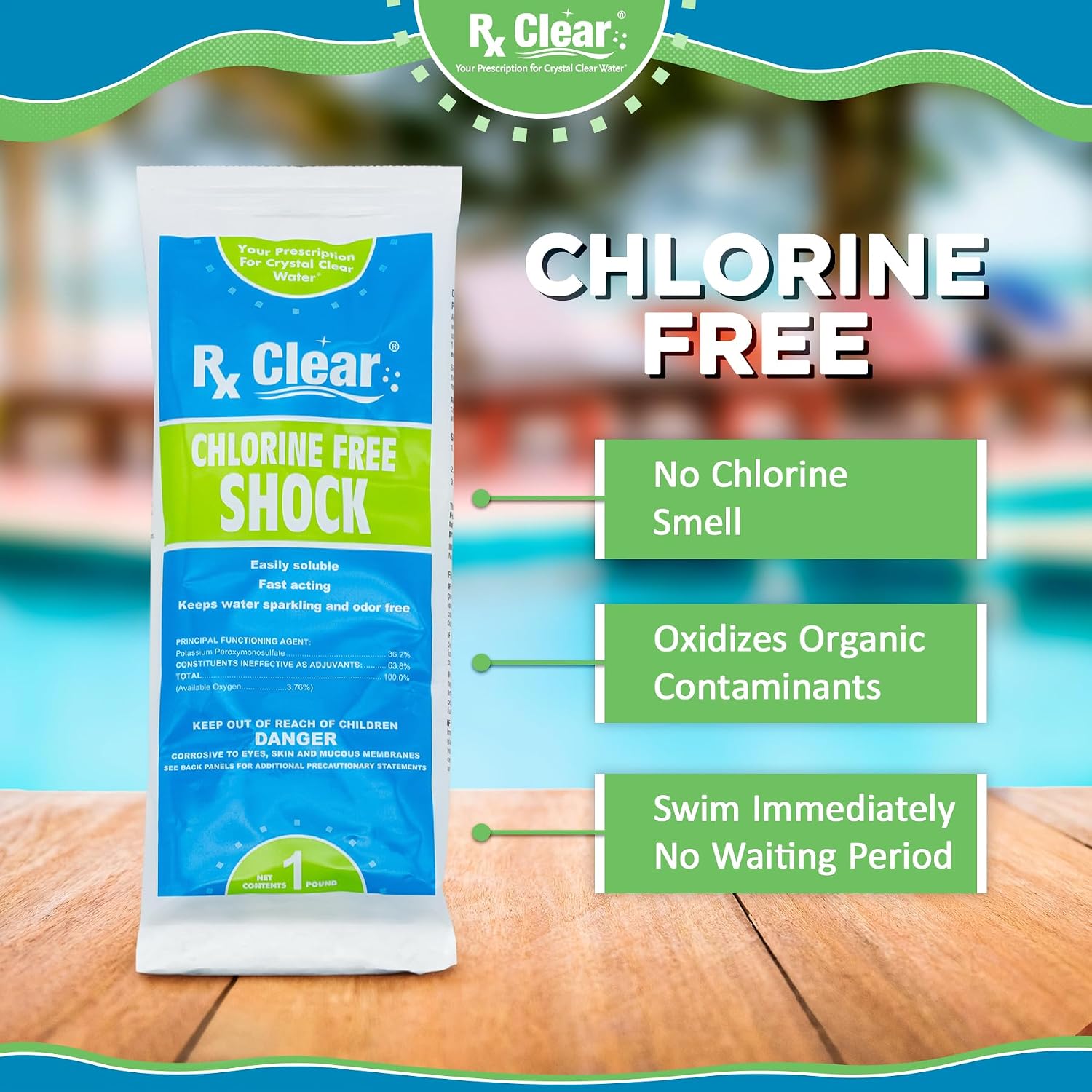 Rx Clear Chlorine-Free Pool Shock | Non-Chlorine Oxidizing Treatment (MPS) | 36.2% Potassium Monopersulfate | Fast-Dissolving Granules | Low-Odor | for Pools & Spas | 1 lb Bags | 48 Pack