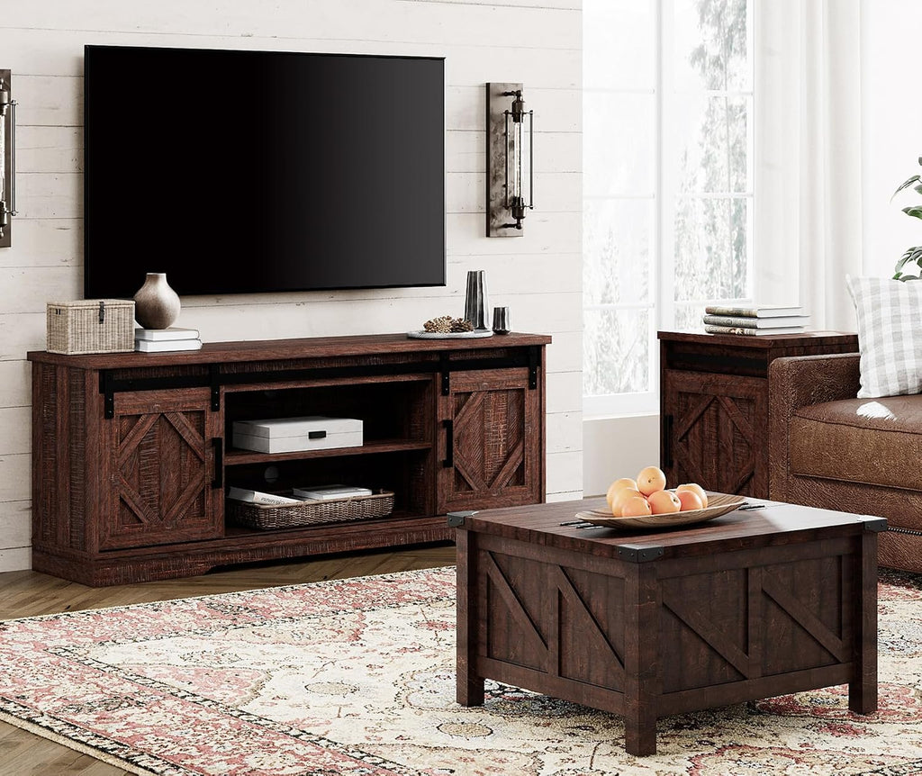 WAMPAT Modern Farmhouse TV Stand for TVs up to 65' with Sliding Barn Doors, 23.6' H Wood Entertainment Center with Adjustable Media Storage Shelf for Living Room, Dark Walnut Brown