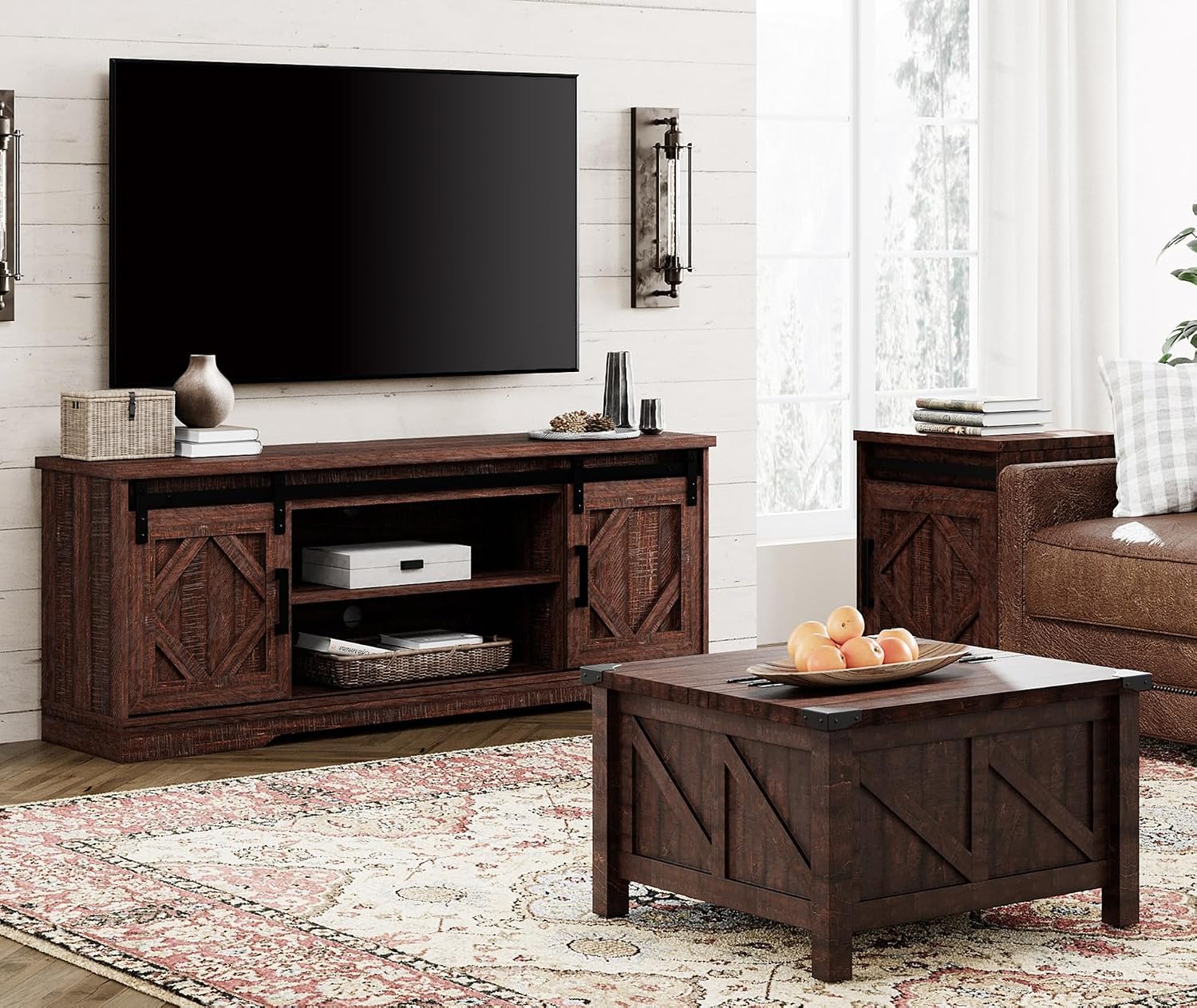 WAMPAT Modern Farmhouse TV Stand for TVs up to 65' with Sliding Barn Doors, 23.6' H Wood Entertainment Center with Adjustable Media Storage Shelf for Living Room, Dark Walnut Brown