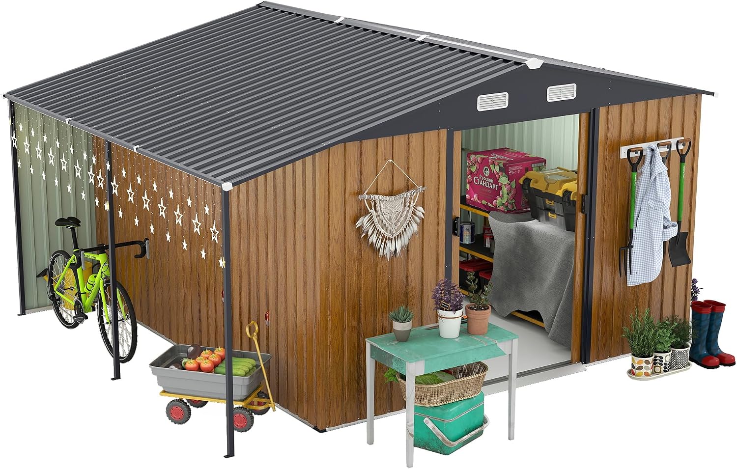 KEIKI 10x12 FT Outdoor Storage Shed, Extra Large Metal Shed with Lockable Doors, Windows, Outside Steel Tiny House Ideal for Garden, Backyard, Patio Utility, Tool Storage, Chicken Coops, Yellow