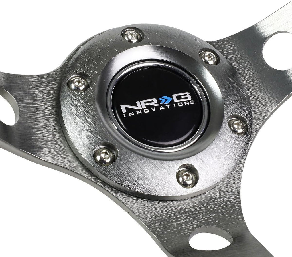 NRG Innovations RST-006GM-Y Black Leather Gun Metal 6-Bolt Spoke Reinforce Racing Steering Wheel