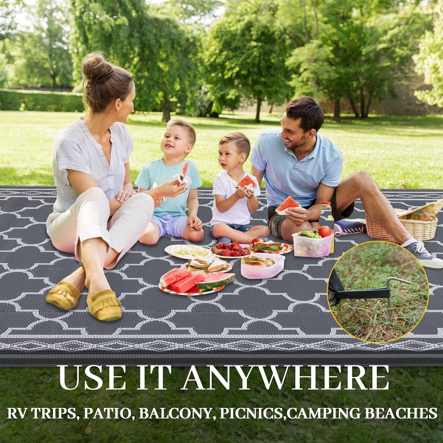 Outdoor Rug 10x20 Patio Waterproof, Foldable Reversible Outdoor Plastic Straw Rug Trellis Mat for Camper Outside Carpet for Rv, Deck, Porch, Picnic, Beach, Balcony Trellis|Grey&White
