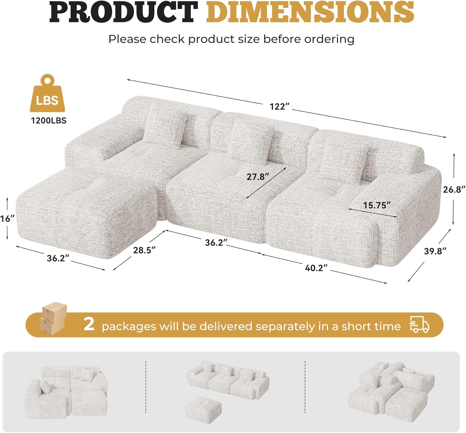 122' Modern L Shaped Modular Sectional Sofa, Boneless Couches for Living Room with Ottoman,4 Seater Convertible Chenille Cloud Couch Sofa Set, No Assembly Required, Beige 1 PCS