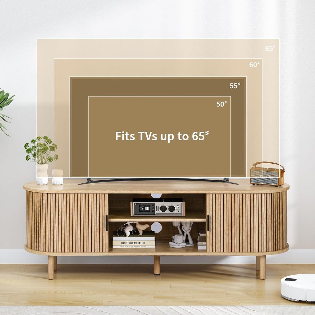 Janmer Home 54' Fluted TV Stand with Storage, Mid Century Modern TV Console with Tambour Sliding Doors, Curved Entertainment Center, Media Console for Living Room, Bedroom (Natural)