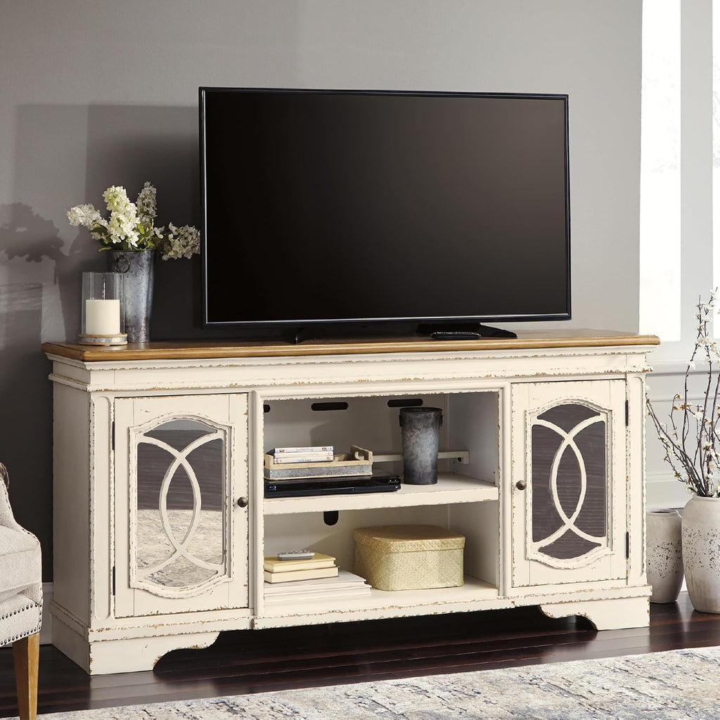 Signature Design by Ashley Realyn Farmhouse TV Stand with Fireplace Option Fits TVs up to 72', 2 Cabinet Doors and Adjustable Storage Shelf, White & Rustic Brown