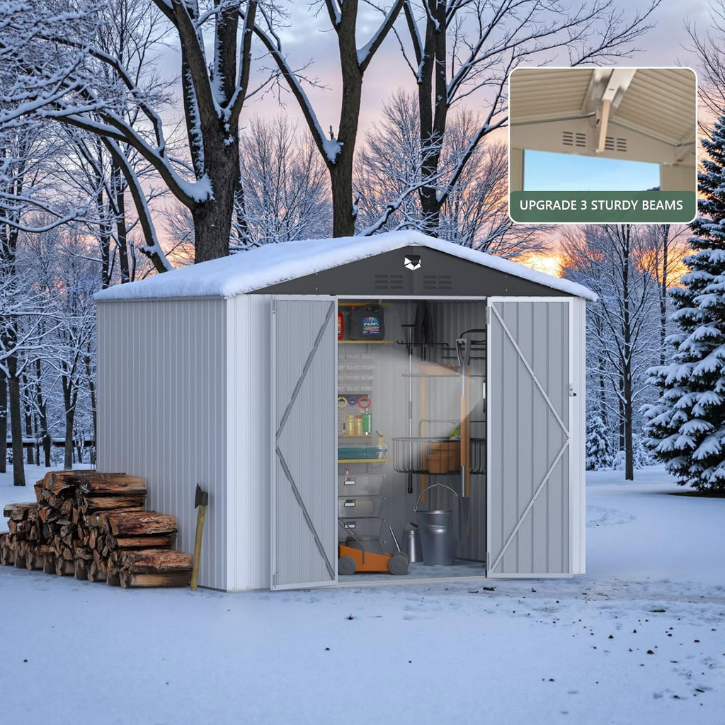 Metal Storage Shed,10x8 Outdoor Storage Building,Large Backyard Sheds with Lockable Doors,Waterproof Outside Storage Sheds，White
