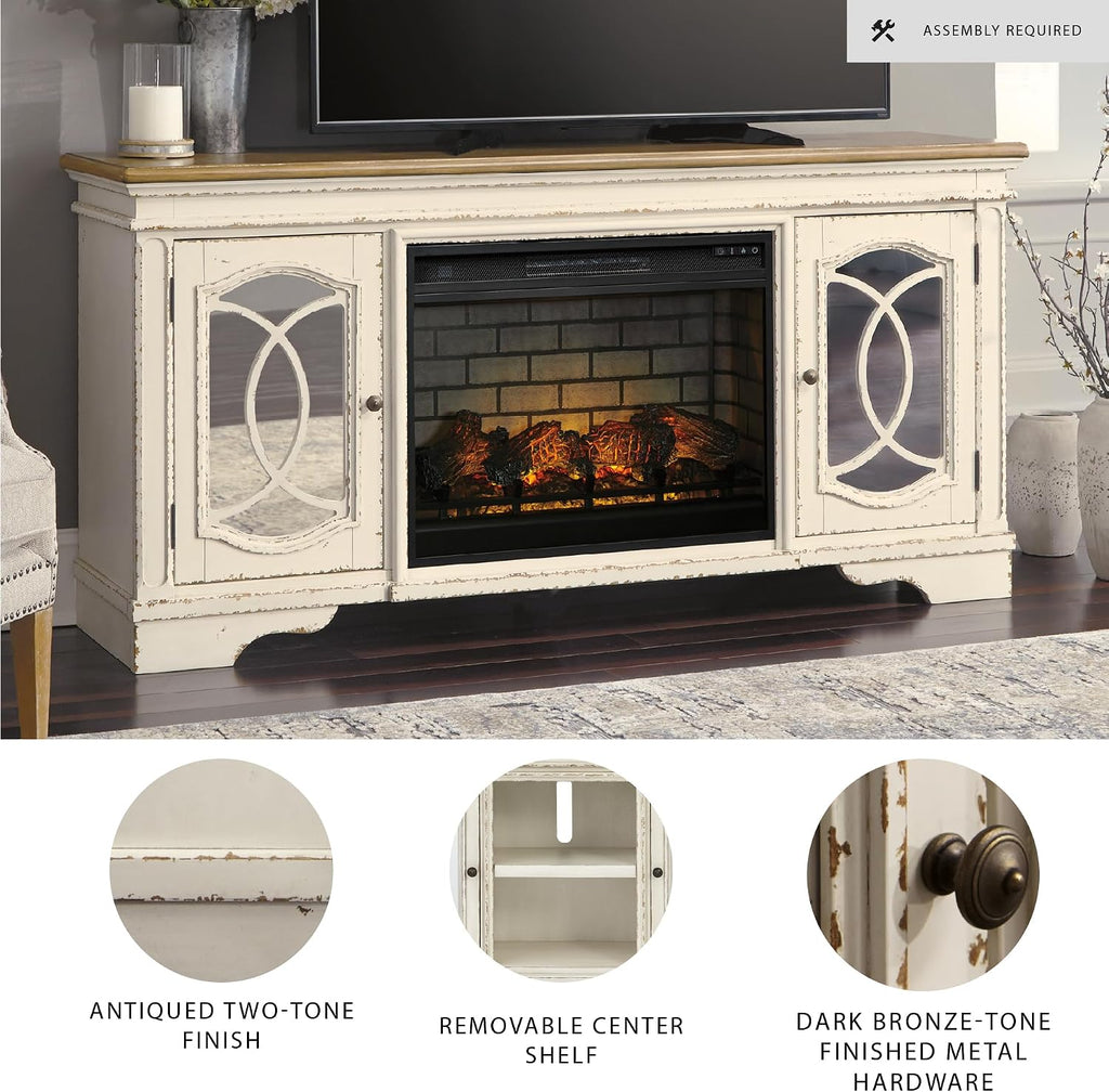 Signature Design by Ashley Realyn Vintage Casual TV Stand with Electric Fireplace, Heats Larger Rooms, Bronze Hardware, Wood, 74' Wide, White & Brown