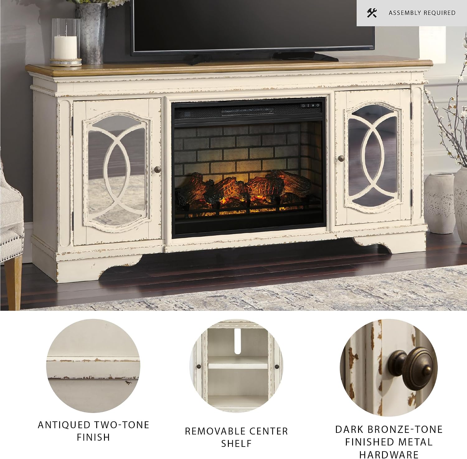 Signature Design by Ashley Realyn Vintage Casual TV Stand with Electric Fireplace, Heats Larger Rooms, Bronze Hardware, Wood, 74' Wide, White & Brown