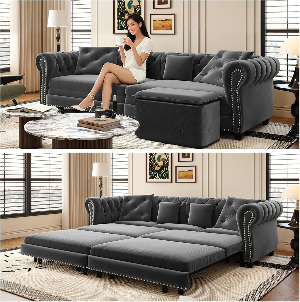 89' King Size Sleeper Sofa Bed, 3-in-1 Convertible Pull Out Chesterfield Sleeper Couch with Ottoman, Oversized Velvet Button Tufted L Shaped Sofa for Living Room Small Spaces, Grey