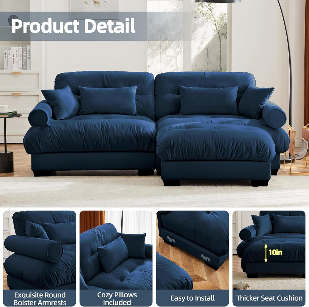 Loveseat Sofa 93.7' Modular Sectional Sofa, 2 Seater Modern Cloud L Shaped Couch, Oversized Sectional Couches for Living Room, Comfy Velvet Sofas Deep Seat Couch with 4 Pillows, Blue