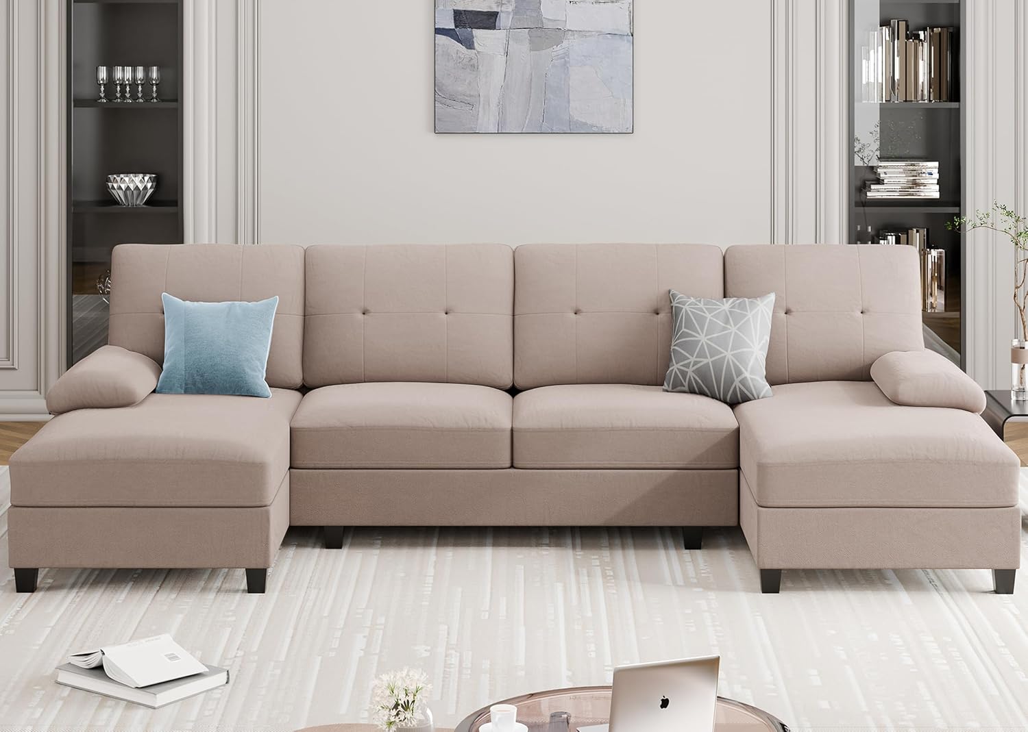 Sectional Couches for Living Room, 106 in U Shaped Couches for Living Room, 4 Seat Sofa with Armrest, Sectional Couch for Apartment, Beige