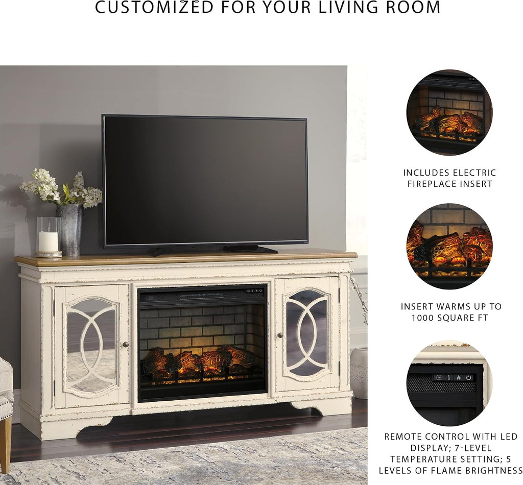 Signature Design by Ashley Realyn Vintage Casual TV Stand with Electric Fireplace, Heats Larger Rooms, Bronze Hardware, Wood, 74' Wide, White & Brown