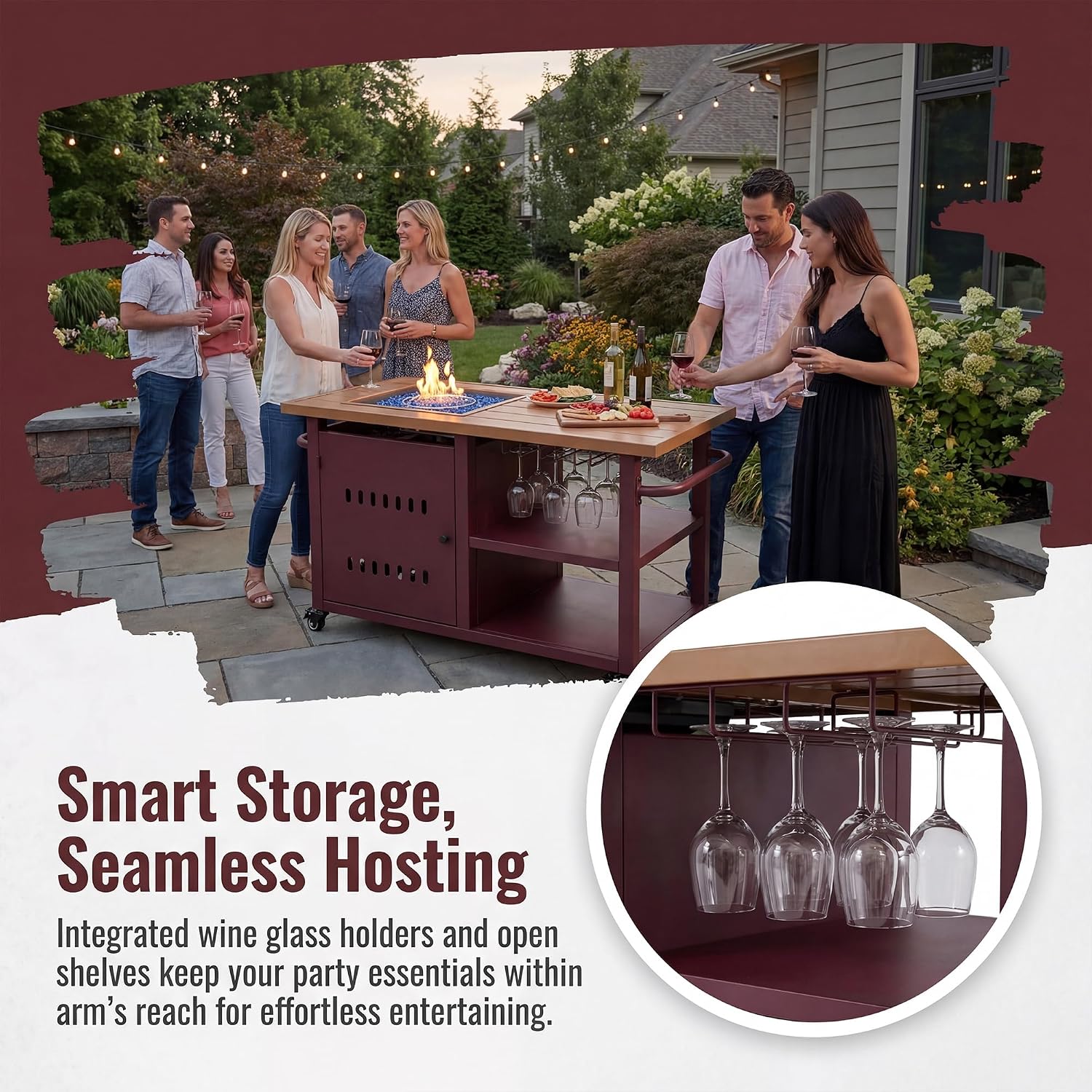 44' Propane Fire Pit, Outdoor Fire Pit Table with Cover, Outdoor Fireplace Gas Fire Pits for Outside Patio, Rectangular Firepit Table with Lid and Glass Rocks for Indoor/Deck/Backyard, Red
