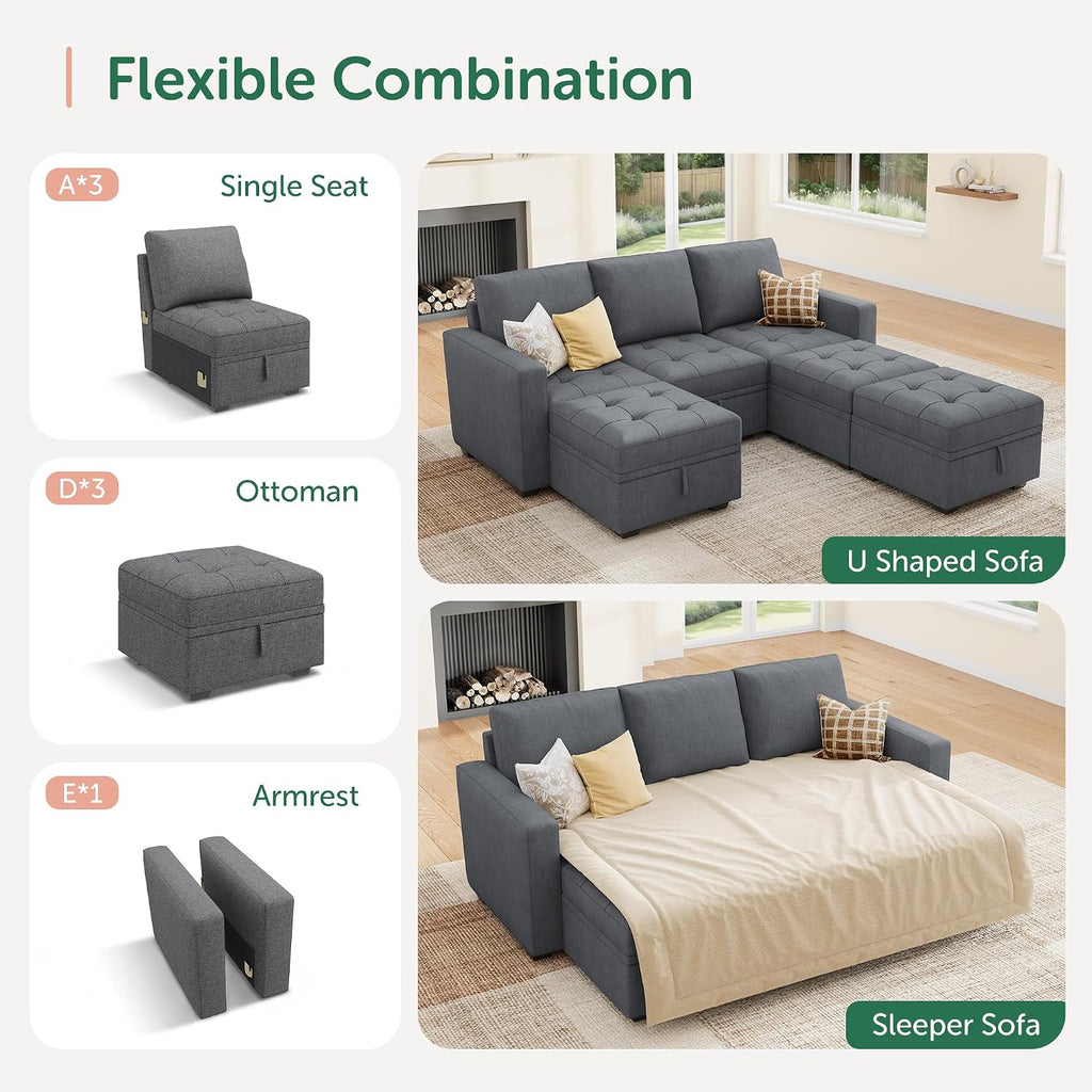 HONBAY Modular Sectional Sleeper Sofa, Sleeper Couch with Storage Seats Oversized Sectional Couches for Living RoomBluish Grey