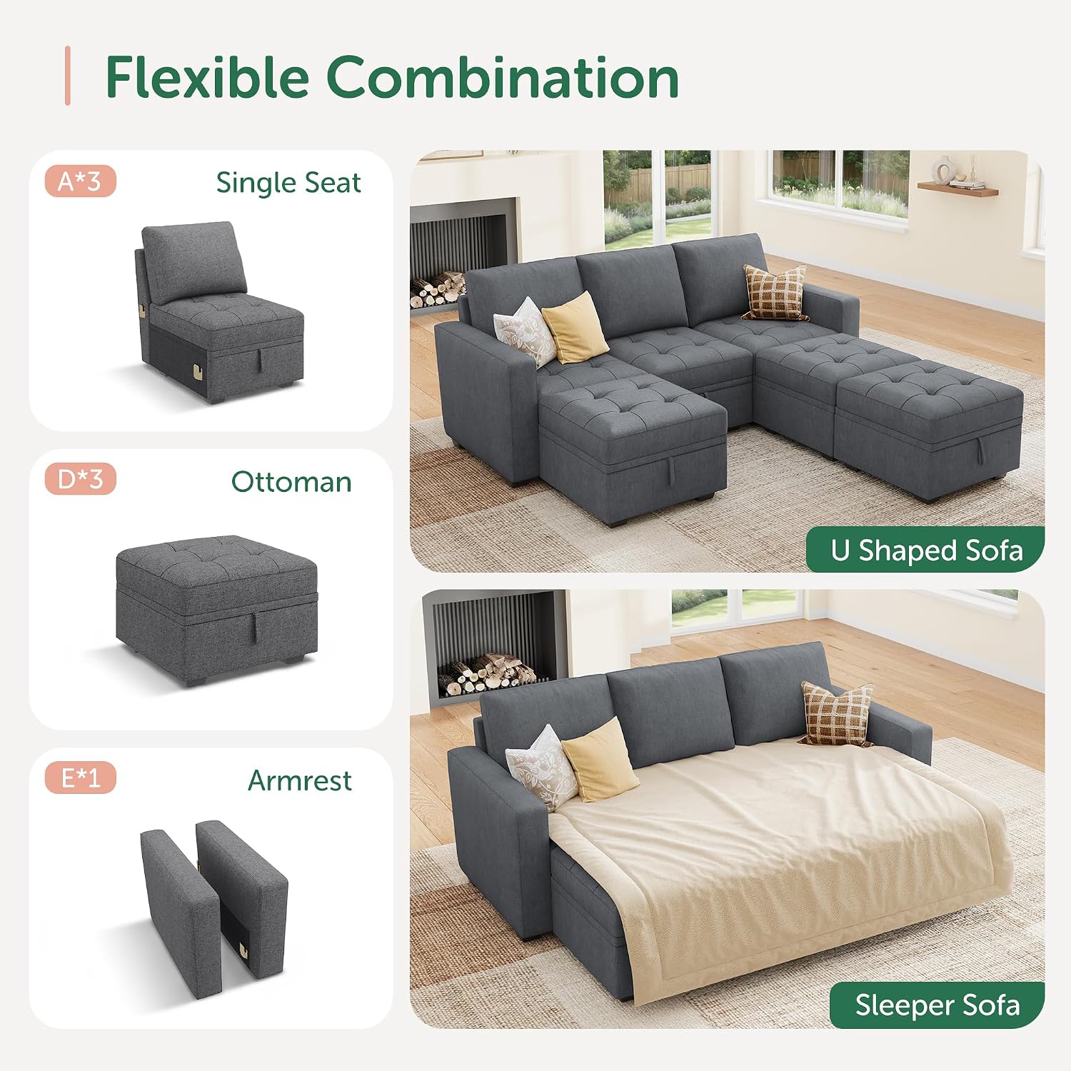 HONBAY Modular Sectional Sleeper Sofa, Sleeper Couch with Storage Seats Oversized Sectional Couches for Living RoomBluish Grey