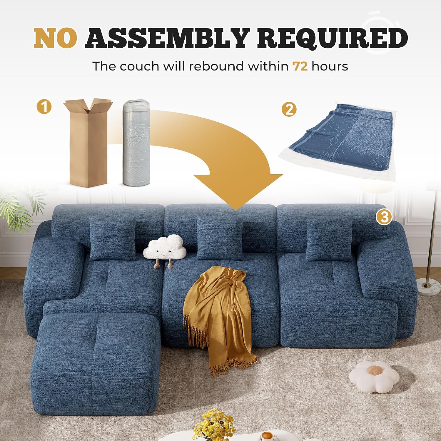 122' Modern Boneless Couches for Living Room, Convertible L Shaped Modular Sectional Sofa,4 Seater Cloud Couch Sofa Set, Blue 1 PCS