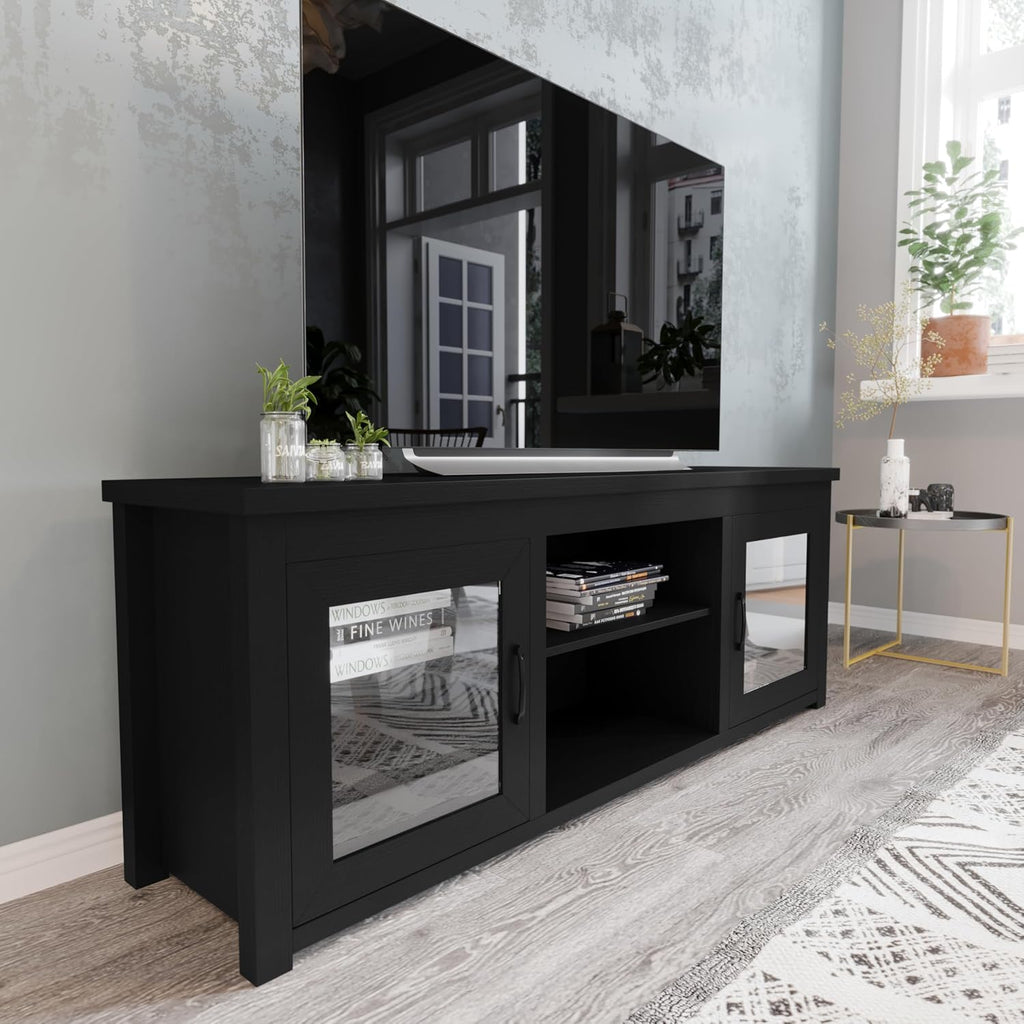 Flash Furniture Sheffield Classic Stand for up to 80' TVs-Modern Finish with Full Glass Doors-65 Engineered Wood Frame-3 Shelves, 65', Black