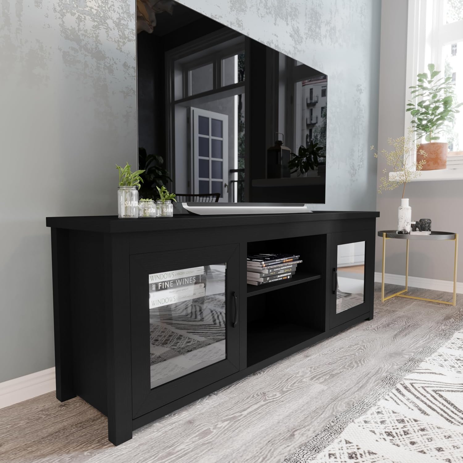 Flash Furniture Sheffield Classic Stand for up to 80' TVs-Modern Finish with Full Glass Doors-65 Engineered Wood Frame-3 Shelves, 65', Black