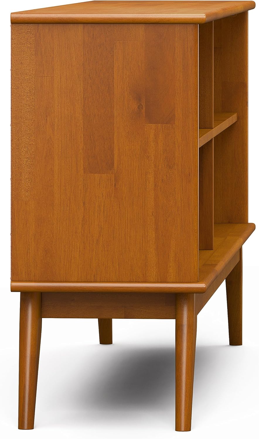 SIMPLIHOME Draper Bookcase - 30 inch Tall Solid Wood Low Bookshelf in Teak Brown, Mid-Century Modern Storage for Living Room, Study Room or Office with Tapered Legs and Wide Open Shelves