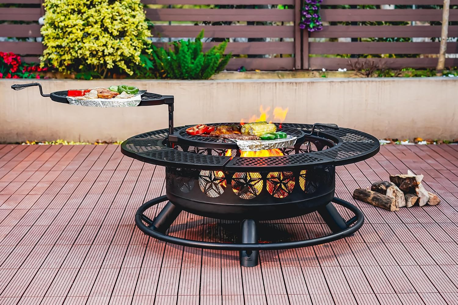 Verdeluxe 42 Inch BBQ Fire Pit with 2 Grills,3-in-1 Outdoor Round Metal Fire Pit Table with Lid,Fire Poker,Large Outdoor Wood Burning Firepits for Outside,Picnic,Bonfire Backyard Patio(Black)
