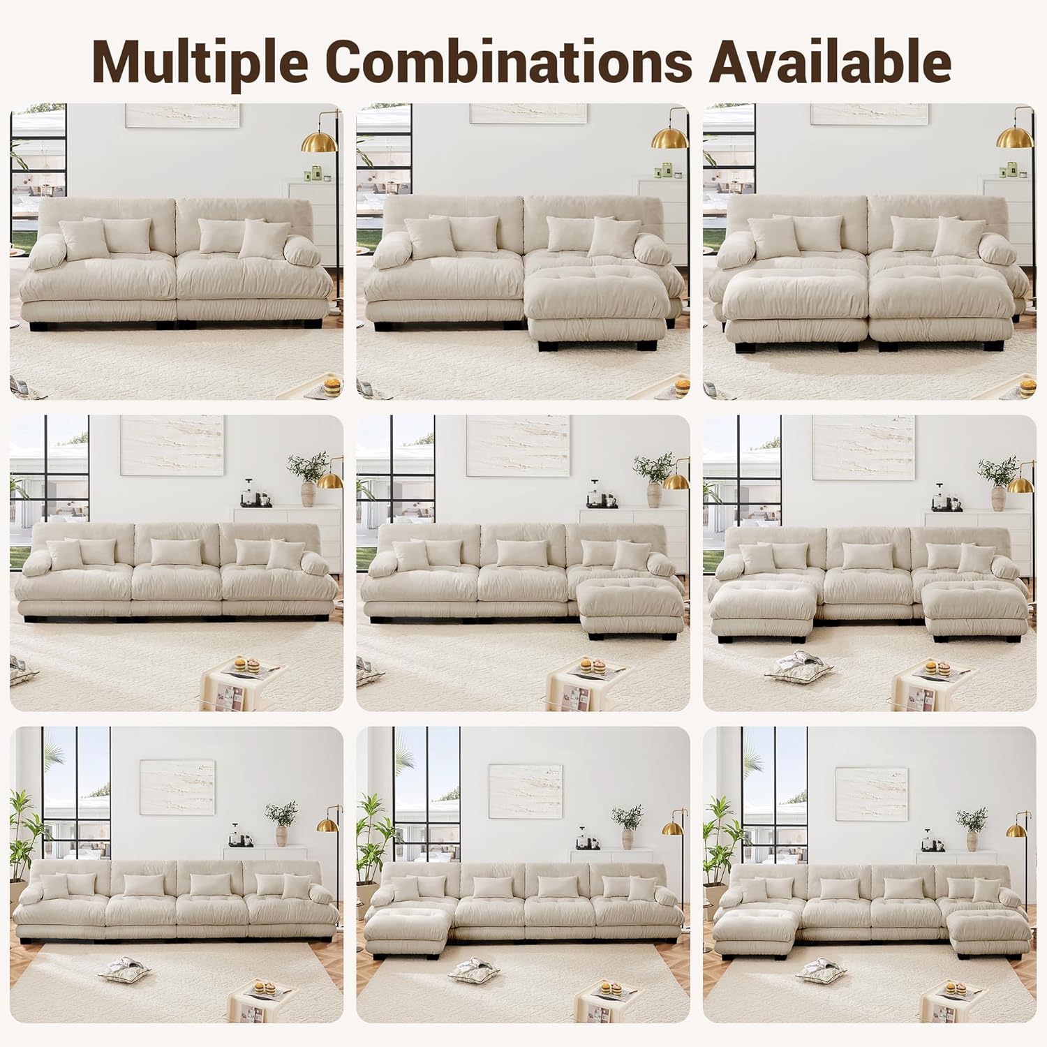 Modular Sectional Sofa Cloud Couch, 173.2' Modern Deep Seat Sectional Couches for Living Room, Oversized Modular Couch with 6 Pillows, Comfy Chenille Sofa Bed for Bedroom Apartment, Light Coffee