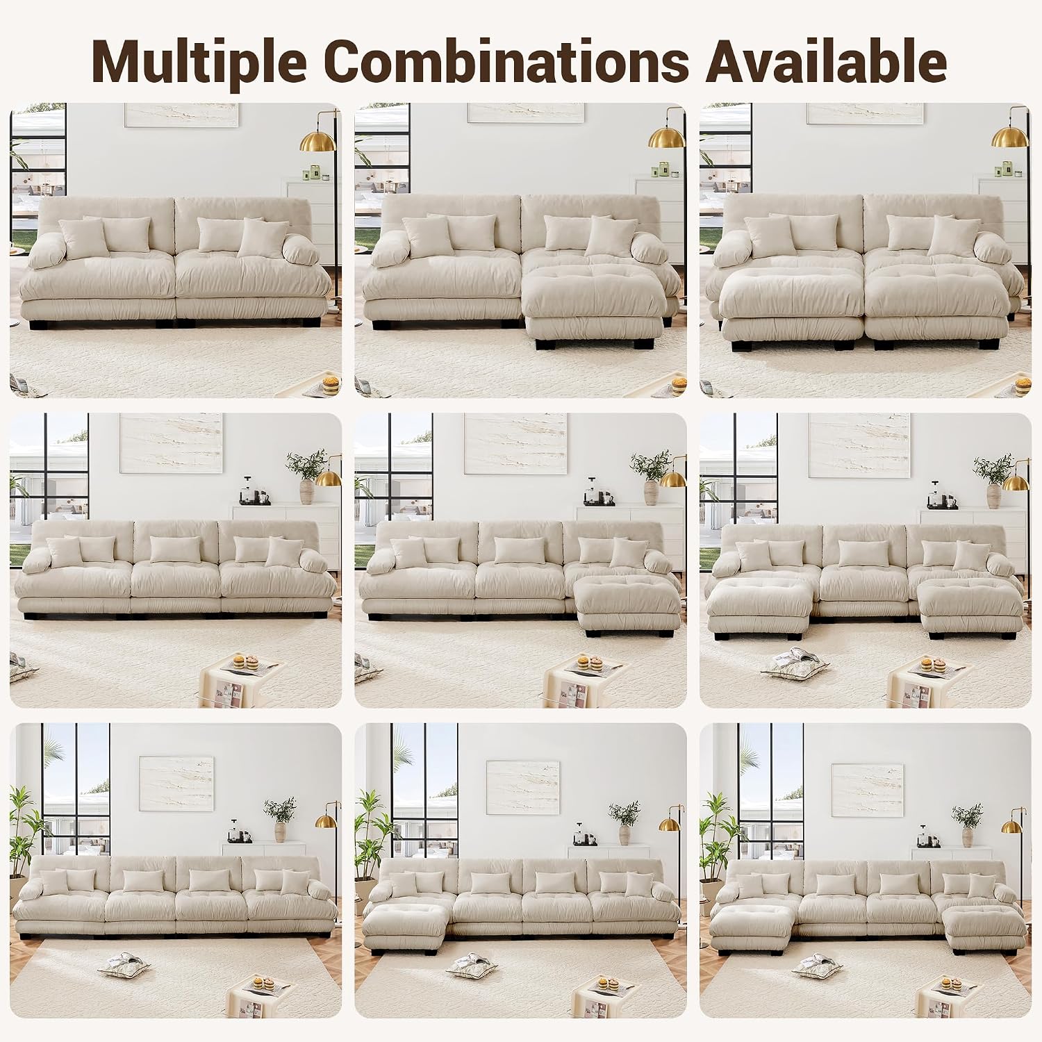 Modular Sectional Sofa Cloud Couch, 133.8' Modern Deep Seat Sectional Couches for Living Room, Oversized Modular Couch with 5 Pillows, 3 Seater Comfy Chenille Sofa Bed for Bedroom, Light Coffee