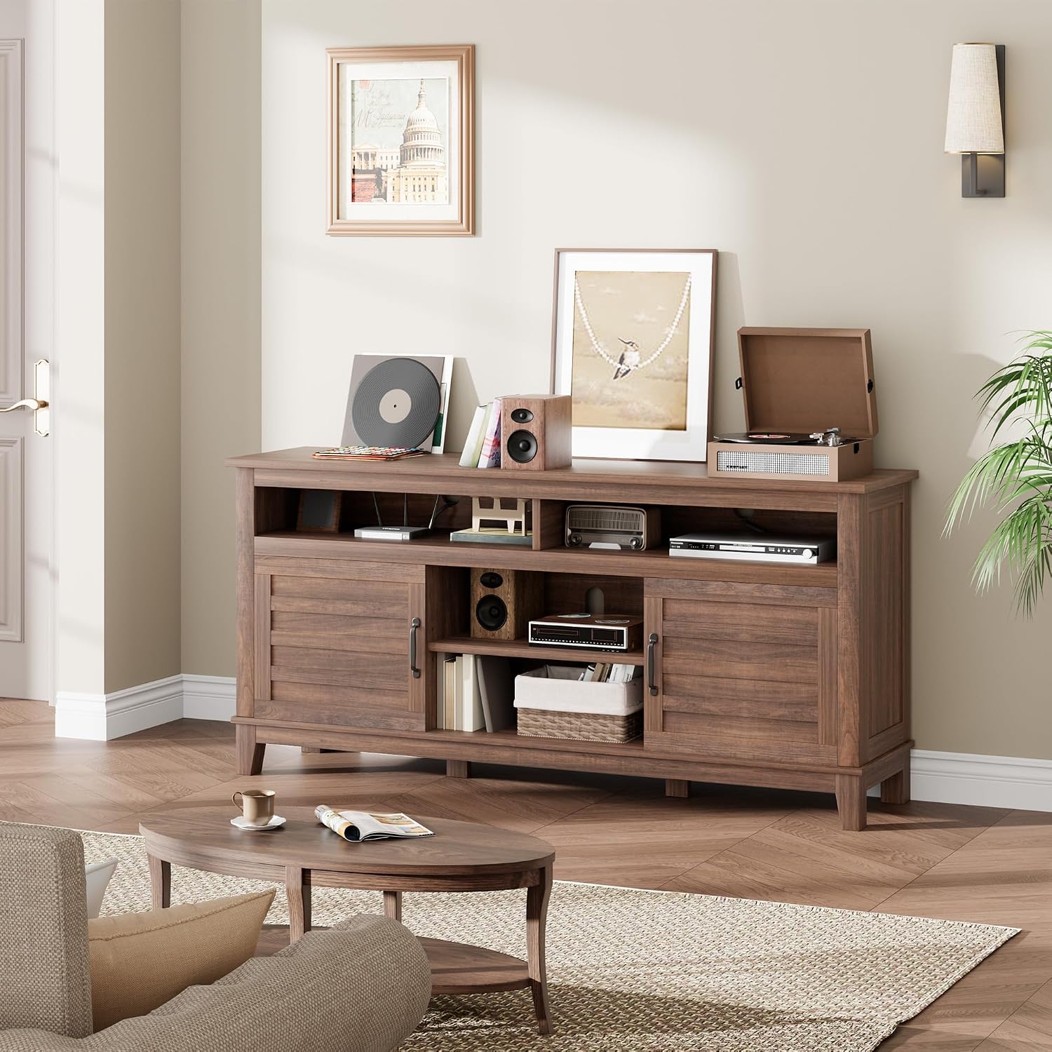 Garvee 63 Inch TV Stand, Entertainment Center with Adjustable Shelves, Farmhouse TV Stand with Cabinet Doors,for Living Room
