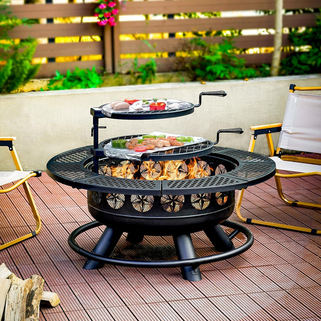36 Inch Fire Pit with 2 Cooking Grills,Outdoor Wood Burning BBQ Firepit with Lid, 3-in-1 Outdoor Fire Pit for Backyard Deck Bonfire Patio Picnic(Black)