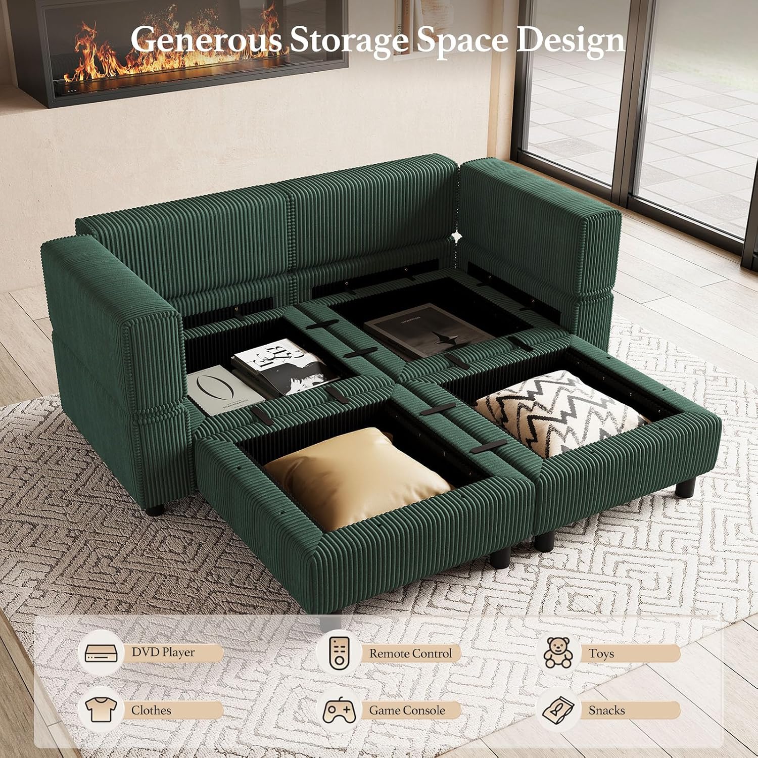 Belffin Modular Sectional Sofa with Deep Storage Seat,Corduroy Sectional Couch Convertible 4 Seat Modular Sleeper Sofa Couch Chaise,Green