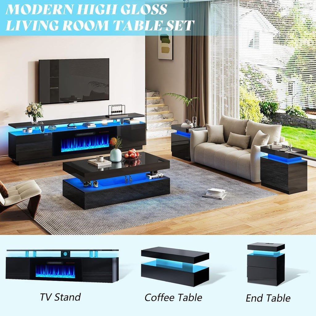 AMERLIFE Fireplace TV Stand with 36' Fireplace, 70' Modern Fireplace Entertainment Center LED Lights, 2 Tier TV Console Cabinet for TVs Up to 80', Obsidian Black