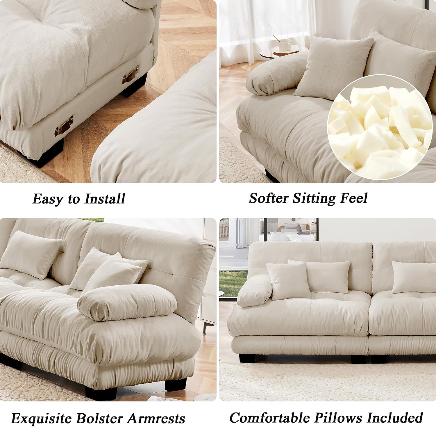 Modular Sectional Sofa, L Shaped Couch with Ottoman, 2 Seater Cloud Couch Small Couches for Small Spaces, Modern Deep Seat Sofa Living Room Oversized Loveseat W/Bolster Armrests 4 Pillows