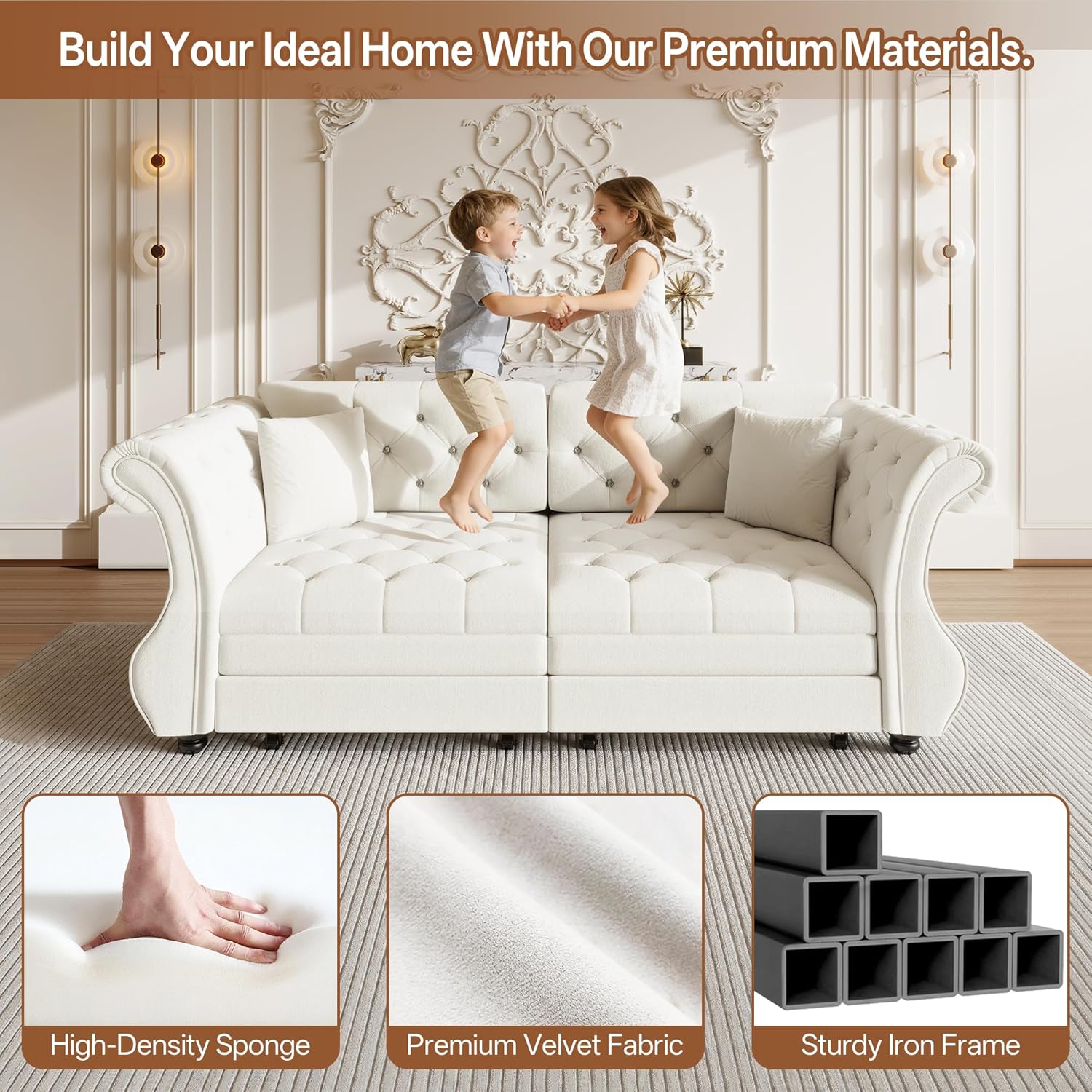 83.8' Queen Size Sleeper Sofa Bed, 3-in-1 Convertible Pull Out Chesterfield Sleeper Couch, Oversized Velvet Flower Button Tufted Loveseat Sofa for Living Room Small Spaces, Beige White