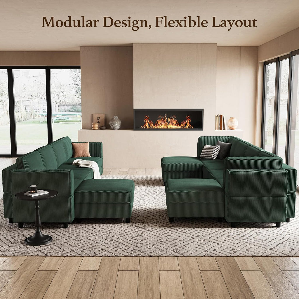 Belffin Modular Sectional Sofa with Deep Storage Seat,Corduroy Sectional Couch 6 Seat Modular Sleeper Sofa Couch,Green