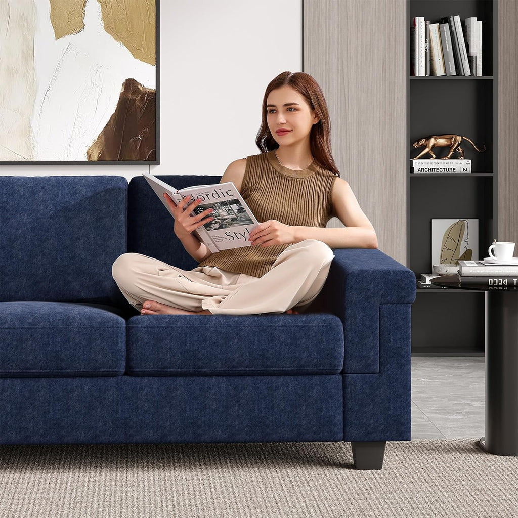 COPIAE 3 Seater Sofa Couch with Deep Seat, 90' Modern Upholstered Sofa with Armrests, Easy Installation, Comfy Couches for Living Room, Apartment, Blue