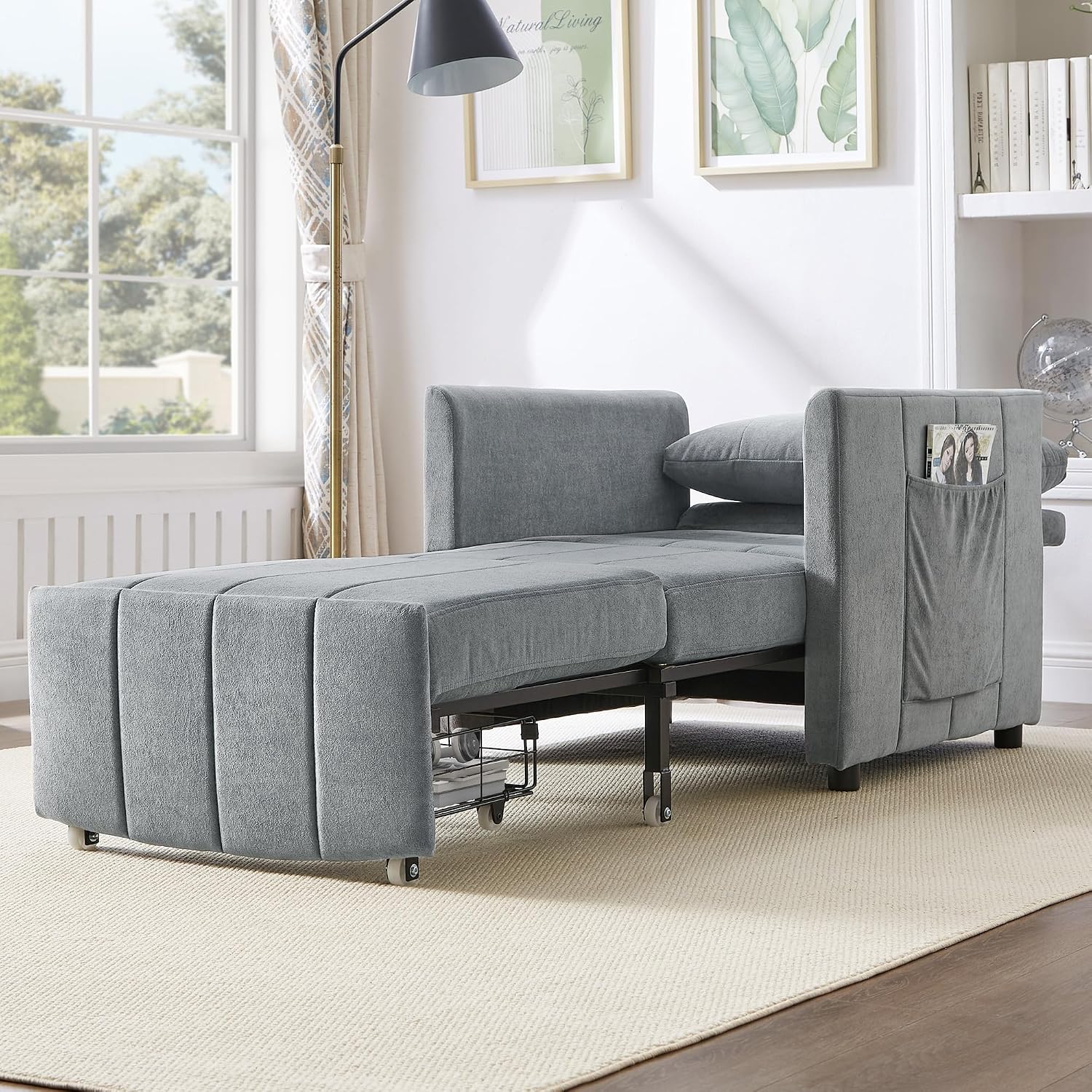 Ball & Cast 31.5' Convertible Pull-Out Sleeper Sofa Bed,Chenille Upholstered Pull Out Couch Chair,3 in 1 Single Sofa Chair W/Storage Basket and Side Pocket,Recliner Chaise Lounge for Living Room,Grey