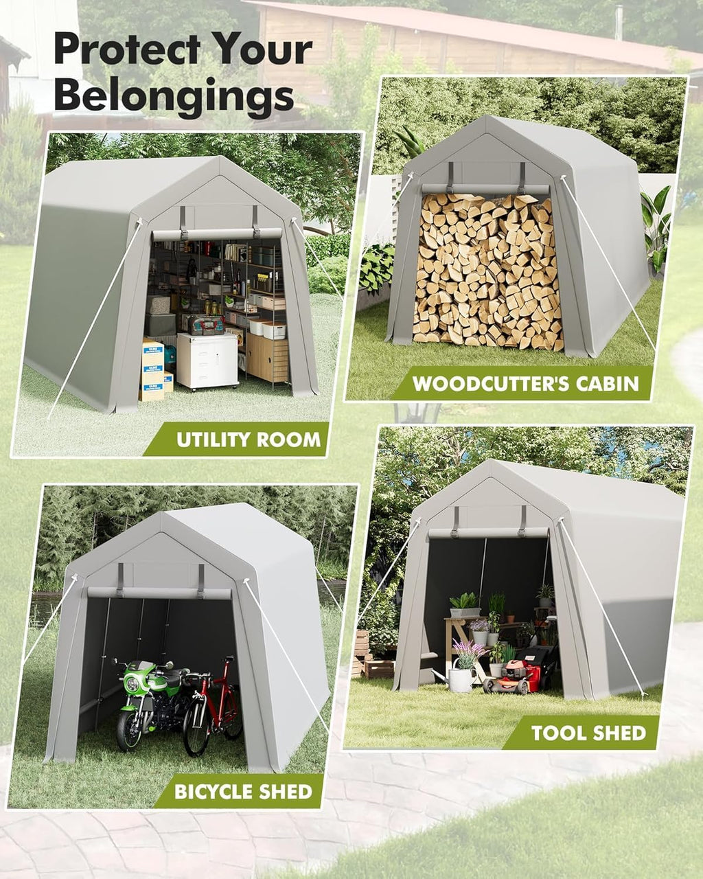 Shelter Logic 7 x 15 ft Carport Storage Shed - Heavy Duty Waterproof Tarp, 2 Roll-up Zipper Doors, Ideal for Motorcycle, Bike, Garden Tools, Firewood, Durable and Reliable Protection