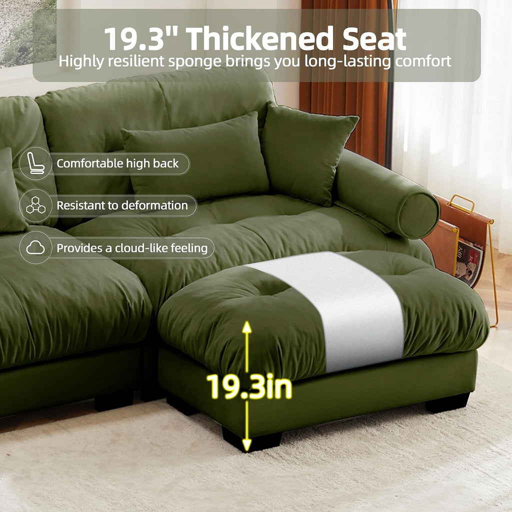 Loveseat Sofa 93.7' Modular Sectional Sofa, 2 Seater Modern Cloud L Shaped Couch, Oversized Sectional Couches for Living Room, Comfy Velvet Sofas Deep Seat Couch with 4 Pillows, Green