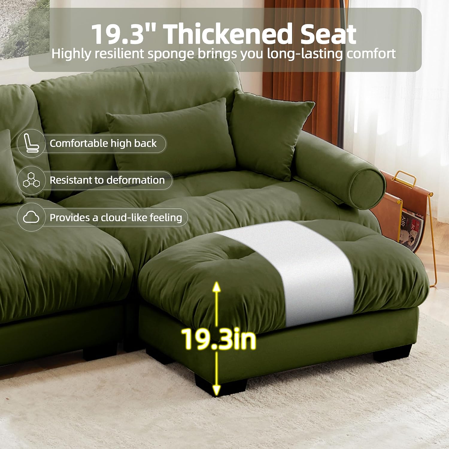 Loveseat Sofa 93.7' Modular Sectional Sofa, 2 Seater Modern Cloud L Shaped Couch, Oversized Sectional Couches for Living Room, Comfy Velvet Sofas Deep Seat Couch with 4 Pillows, Green