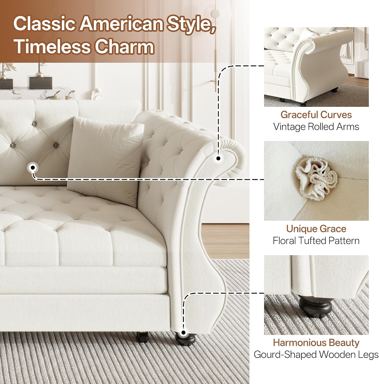 83.8' Queen Size Sleeper Sofa Bed, 3-in-1 Convertible Pull Out Chesterfield Sleeper Couch, Oversized Velvet Flower Button Tufted Loveseat Sofa for Living Room Small Spaces, Beige White