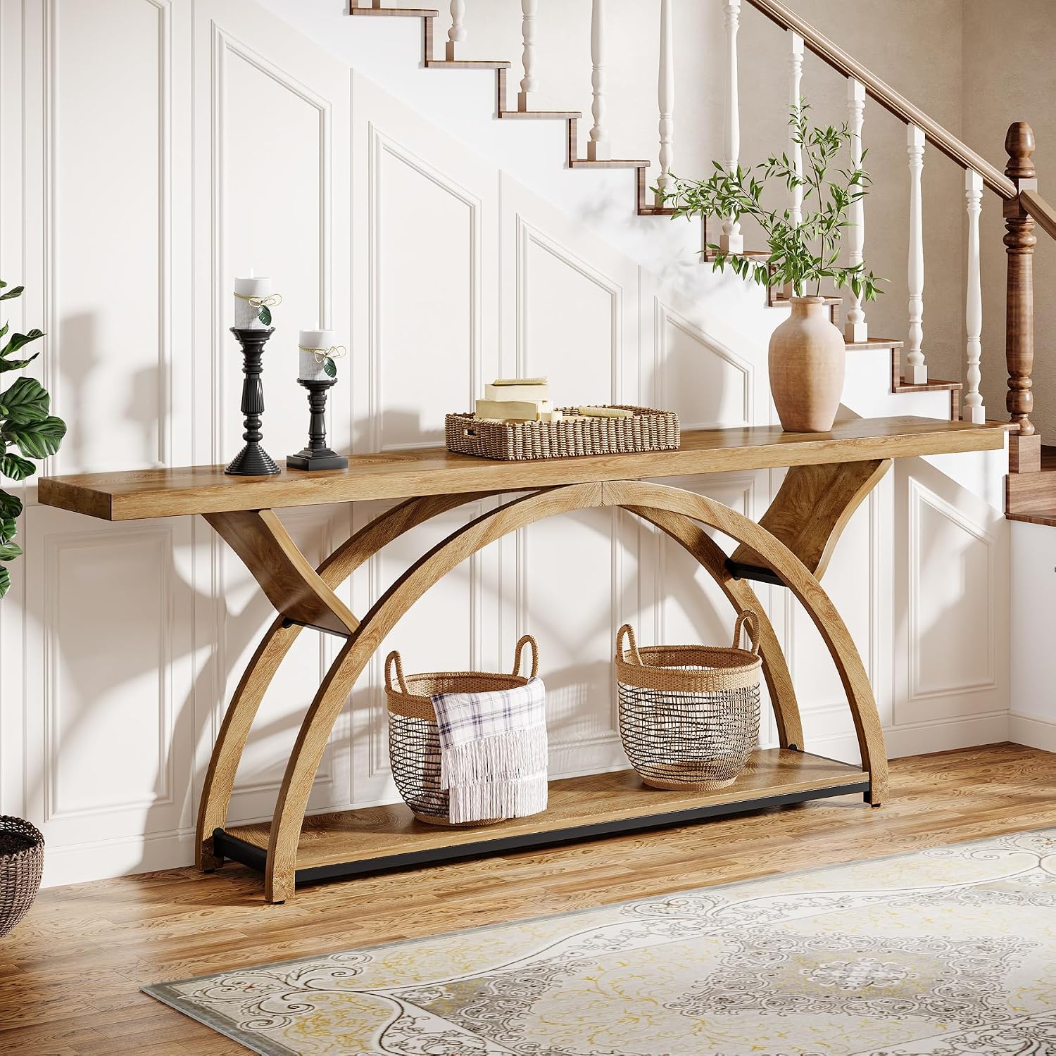 Tribesigns 70.87' Console Table, Industrial Sofa Table Behind Couch with 2 Tiers of Storage Shelves for Living Room, Hallway, Entrance, Foyer (Light Brown)
