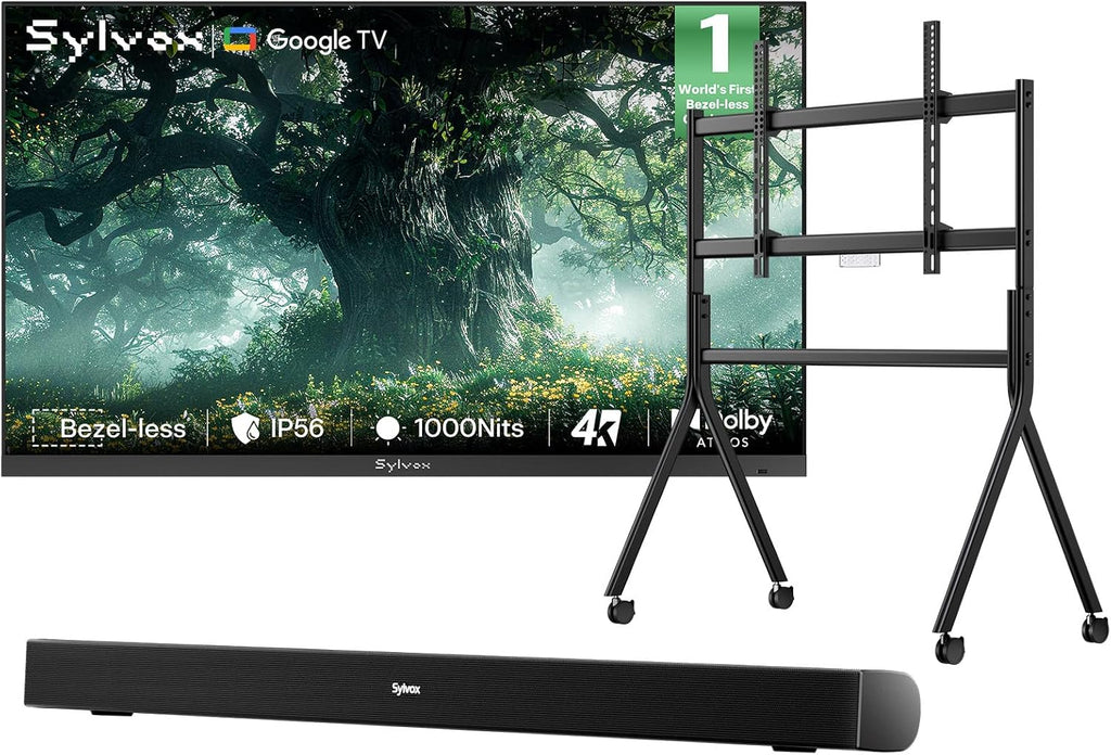 SYLVOX 65 inch Outdoor TV with Stand & Soundbar, Ultra-Narrow Bezel, 4K Smart TV, 1000 nits, IP56 Waterproof, Dual Speakers, All-Weather Metal Chassis for Patio, Deck, Backyard (Frameless Series)