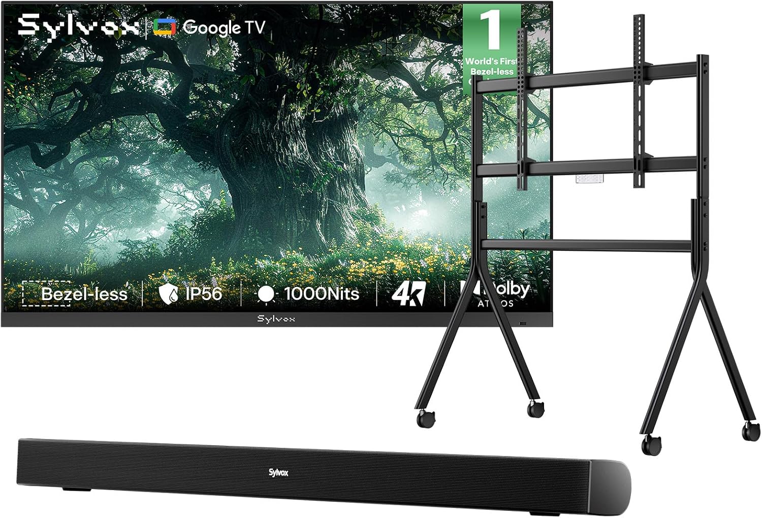 SYLVOX 65 inch Outdoor TV with Stand & Soundbar, Ultra-Narrow Bezel, 4K Smart TV, 1000 nits, IP56 Waterproof, Dual Speakers, All-Weather Metal Chassis for Patio, Deck, Backyard (Frameless Series)