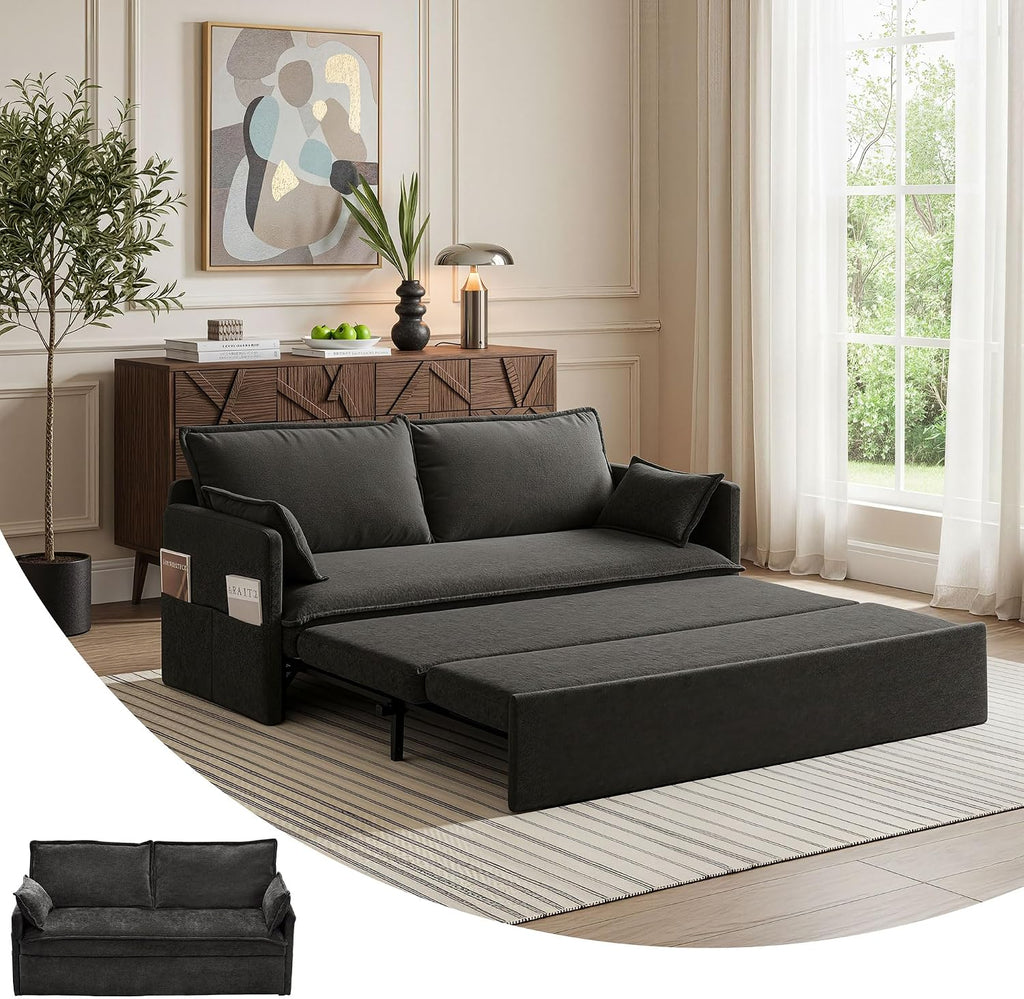 2 in 1 Queen Pull Out Sleeper Sofa Couch Bed-59.5'Convertible Sofabed with USB/C-Type Charging Ports,Chenille Sleeper Sofa with Side Pockets,Futon Couch for Living Room,Bedroom,Small Space,RV, Black