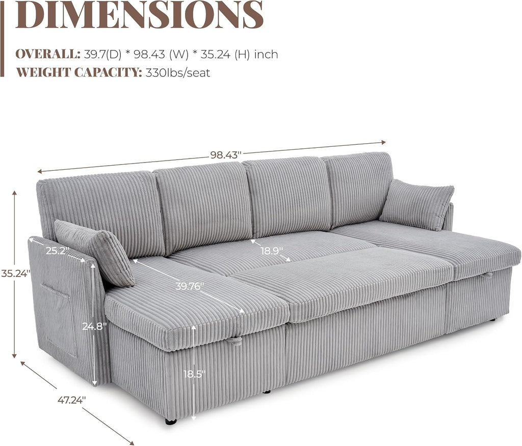 Huatean Home Oversized Sleeper Sofa Couch, 100 inch 2 in 1 Pullout Couch Bed with Side Pockets for Living Room, Sectional Sleeper Sofa Bed with Double Storage Chaise, CloudGrey