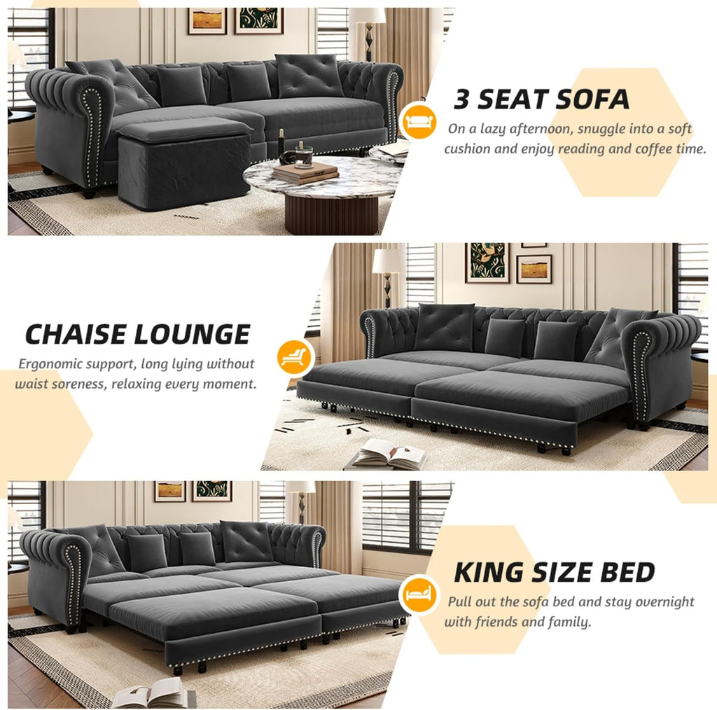 Ball & Cast 3-in-1 Convertible Sofa Bed with Movable Ottoman, 89' Pull Out Couch Bed King Size, Velvet 3 Seater Sleeper Sofa with Nailhead Trim & Rolled Arm,Sofa Couches for Living Room,Blue
