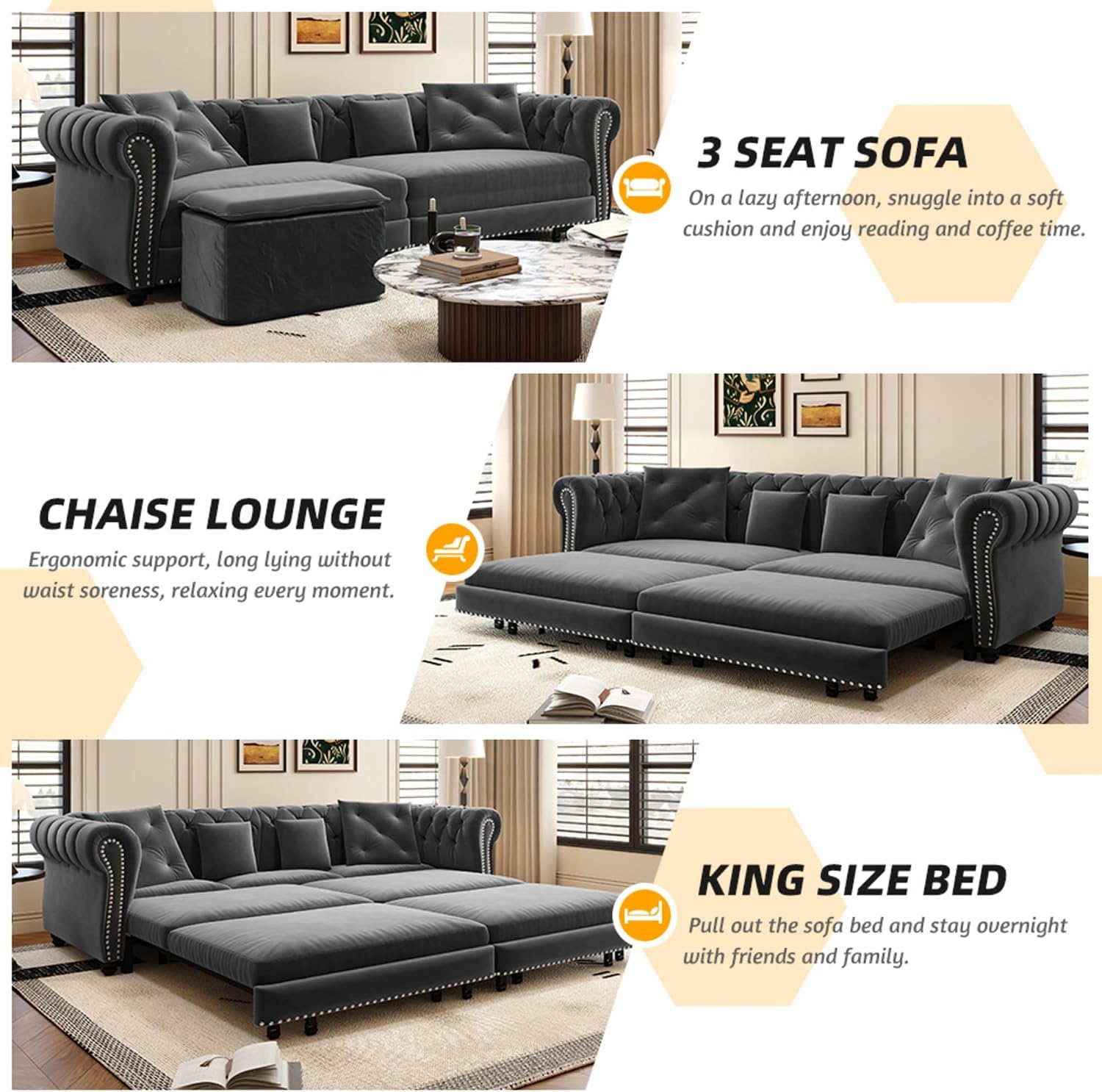 Ball & Cast 3-in-1 Convertible Sofa Bed with Movable Ottoman, 89' Pull Out Couch Bed King Size, Velvet 3 Seater Sleeper Sofa with Nailhead Trim & Rolled Arm,Sofa Couches for Living Room,Blue