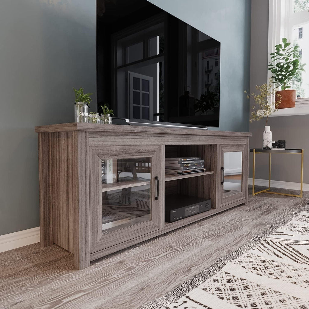 Flash Furniture Sheffield TV Stand for up to 80' TVs - Modern Gray Wash Finish & Full Glass Doors - 65' Engineered Wood Frame - 3 Height Adjustable Shelves