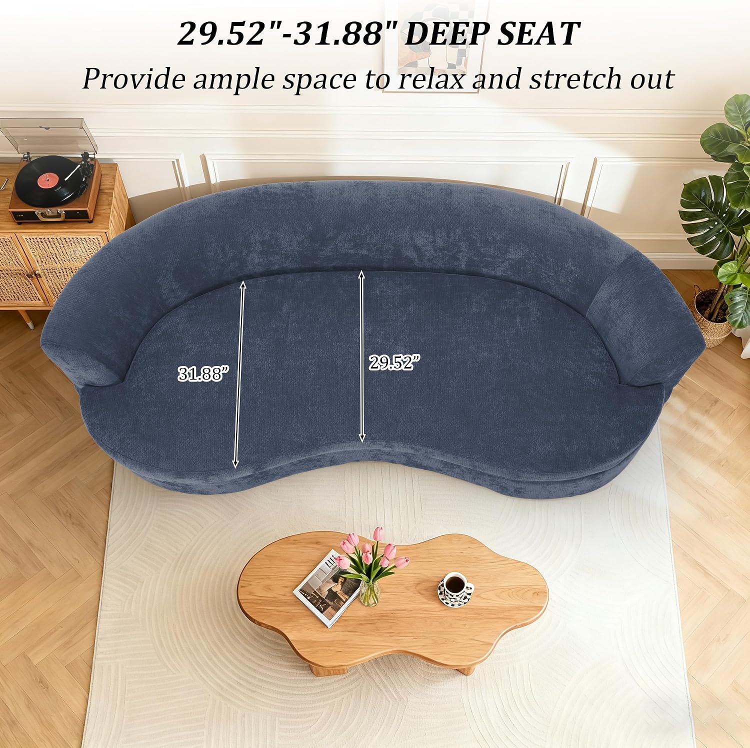95' Modern Curved Sofa, Chenille Fabric Comfy Cloud Couch, No Assembly Required Half Moon Couch with Deep Seat, 4 Pillows for Living Room, Apartment, Bedroom