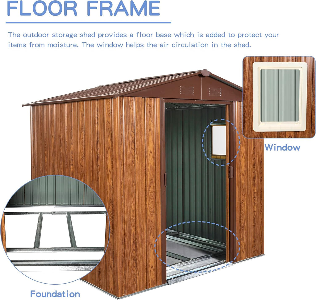 6 x 6 FT Outdoor Storage Shed with Floor Base and Window,Heavy Duty Metal Shed w/Sliding Doors & Padlock,Punched Vents,Large Waterproof Tool Sheds,Easy to Assemble,Coffee